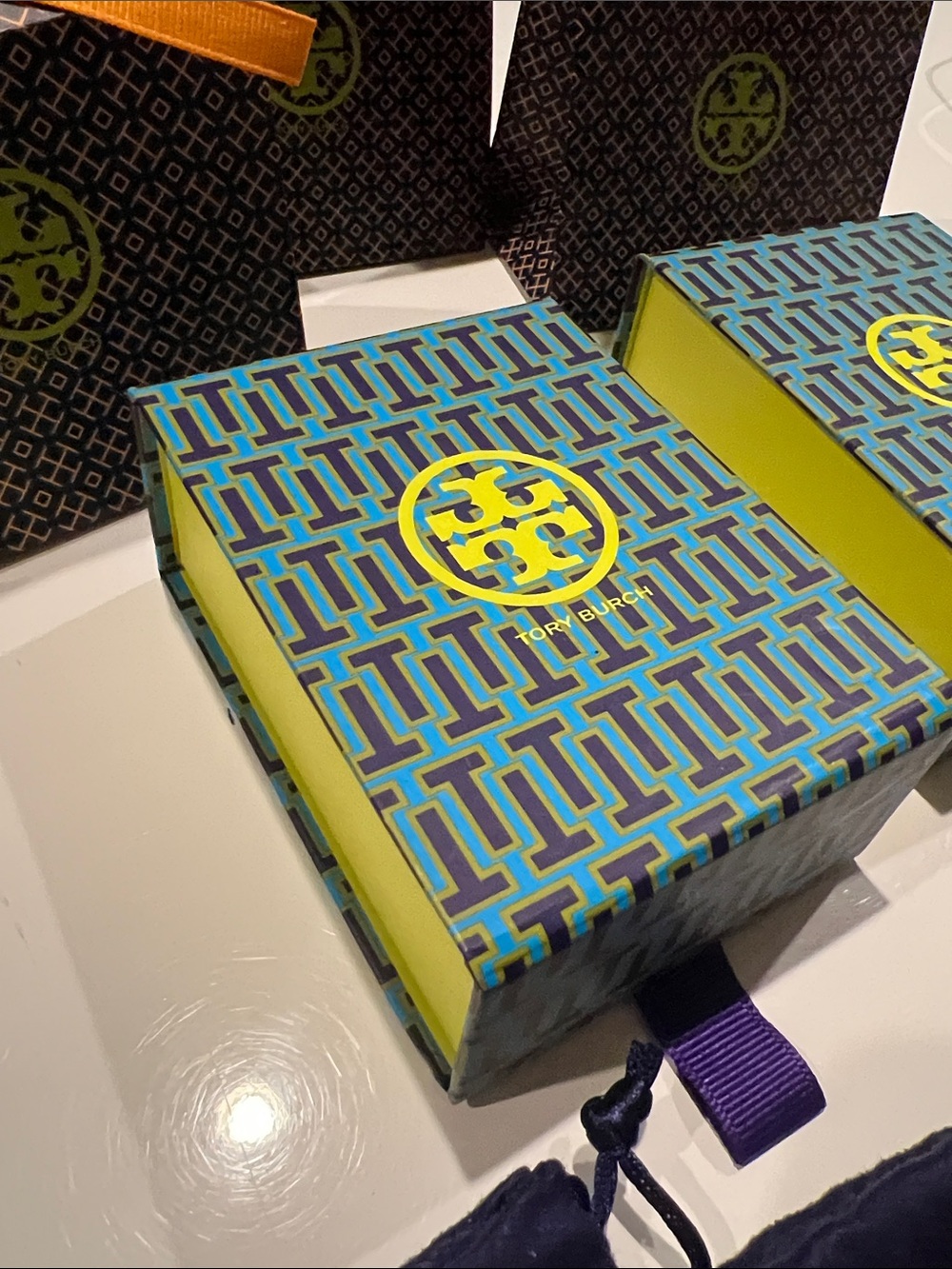 Tory Burch Gold Logo Charms with Orange, Blue and Purple Packaging - Picture 3 of 8